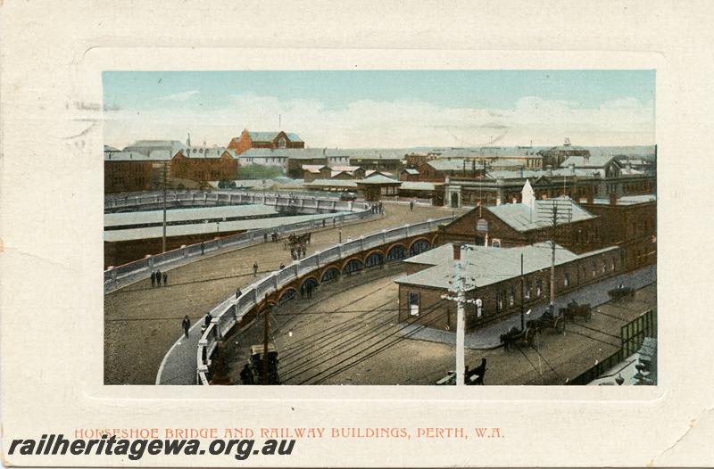 P05793
Horseshoe Bridge and Perth Station, street side view looking east, shows the Railways Institute building in the forecourt, coloured postcard, c1913 
