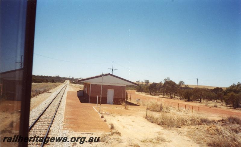 P05820
Station building, Amery, view from cab of loco, GM line
