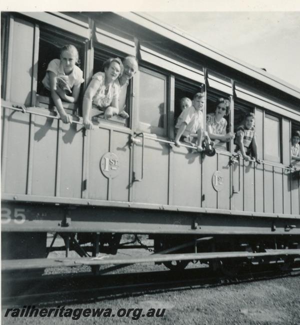 P06054
 Railways picnic train to Geraldton, picnickers leaning out of carriage windows.
