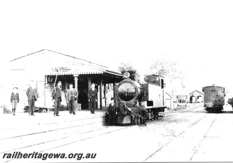 P07041
K class loco, station building with staff, yard, Donnybrook, PP line
