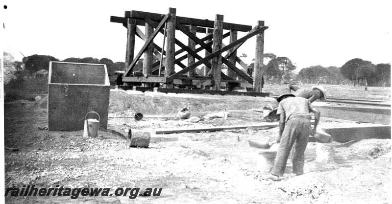 P07346
10 of 15 views of the construction of the railway dam at Williams, BN line, overhead tank stand under construction
