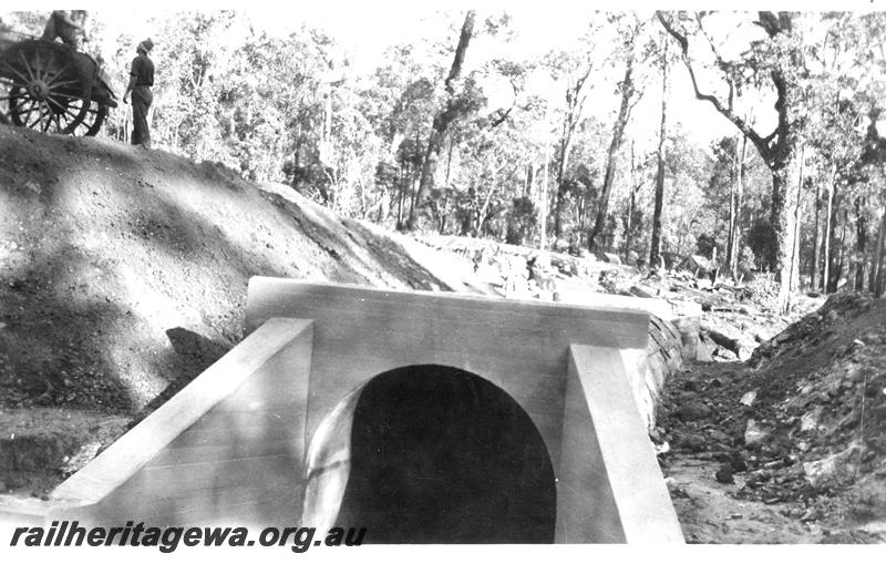 P07357
6 of 10 views of the construction of the deviation at Allanson, BN line, concrete arch culvert under construction before embankment formed
