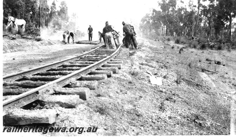 P07359
8 of 10 views of the construction of the deviation at Allanson, BN line, gangers pulling track to new alignment, Yokain - Allanson
