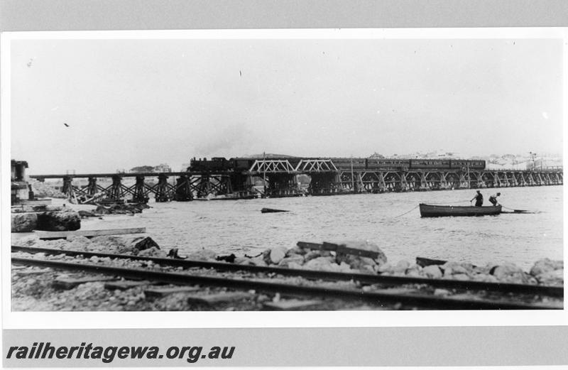 P07529
Suburban passenger train crossing the Fremantle Bridge with through wooden trusses
