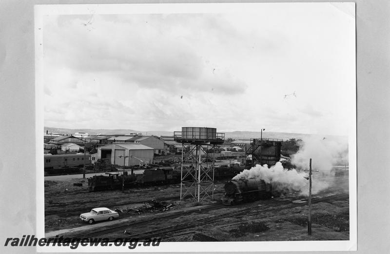 P07597
V class 1215, water tower, loco depot, Midland, elevated view looking east, the last rostered steam duty from the Perth metropolitan area.
