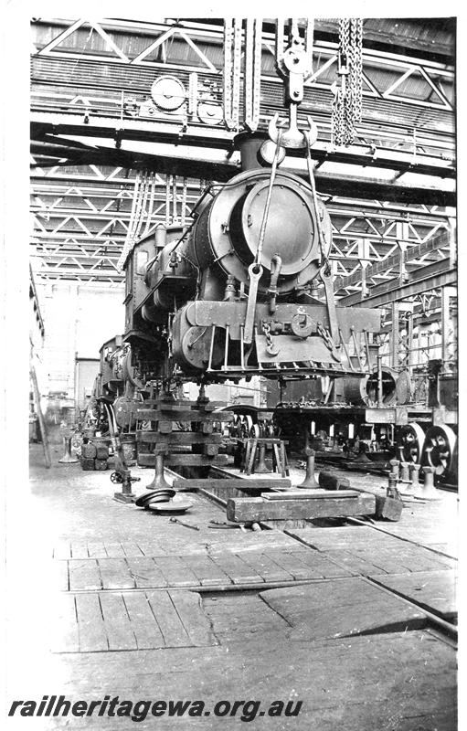 P07606
Fitting Shop, Midland Workshops, loco being moved by overhead crane
