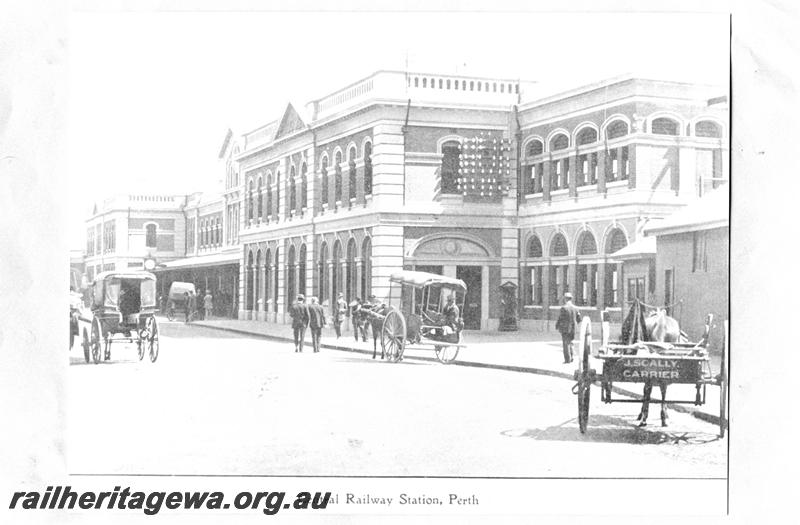 P07696
Perth station building, street side view, horse drawn vehicles in view
