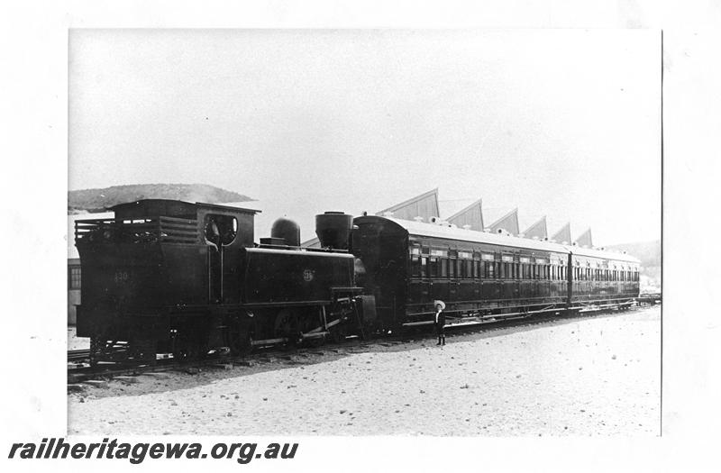 P07699
Q class 139 steam locomotive, pair of new AW class carriages, Westralia Iron Works, Rocky Bay. These were the first carriages built in WA
