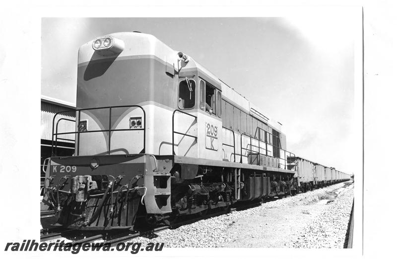 P07704
K class 209, front and side view, train of empty iron ore hoppers,
