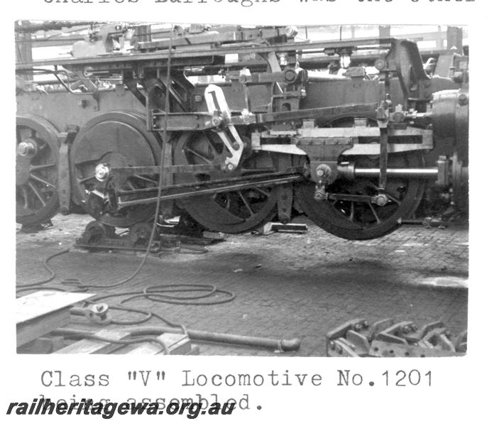P07741
V class 1201, being assembled at Robert Stevenson & Hawthorne's works in Darlington, UK, view of motion gear.
