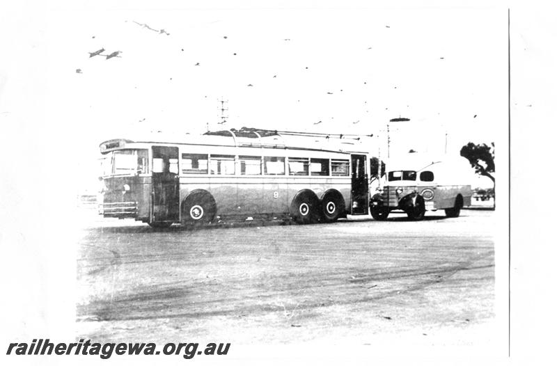 P07767
Trolley bus No.9 and W A Govt Trolley Bus Service Van No.1, front and side view

