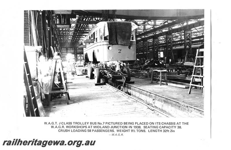P07769
WAGT J class trolley bus No.7 being placed on its chassis at the Midland Workshops
