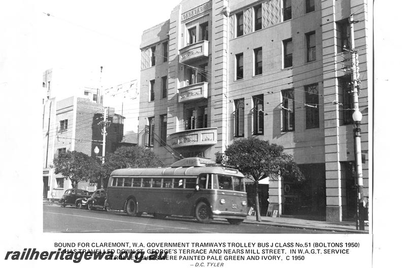 P07770
WAGT J class trolley bus No.51, St. Georges Terrace, Perth, side and front view.
