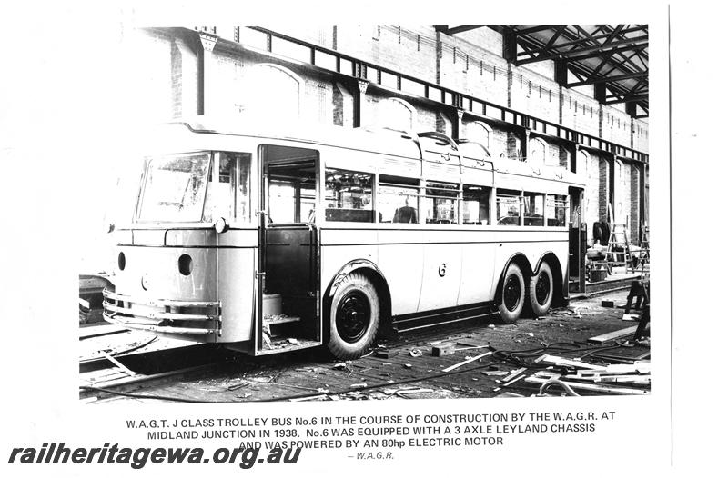 P07774
WAGT J class trolley bus No.6, Midland Workshops, under construction, front and side view
