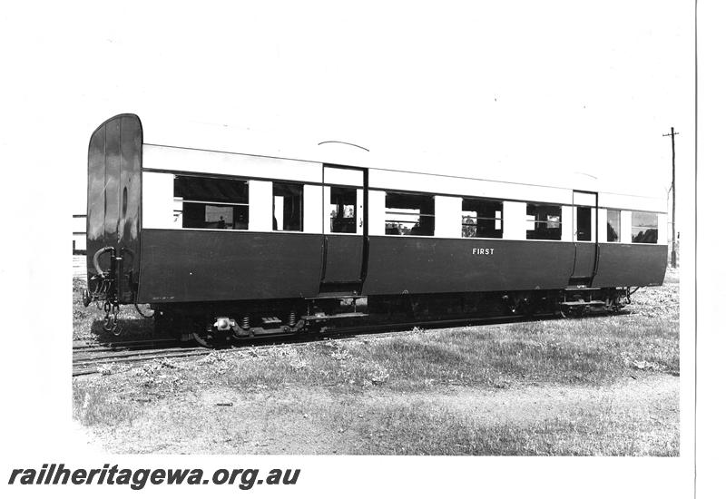 P07777
AJ class suburban passenger carriage, when new, in original livery, end and side view
