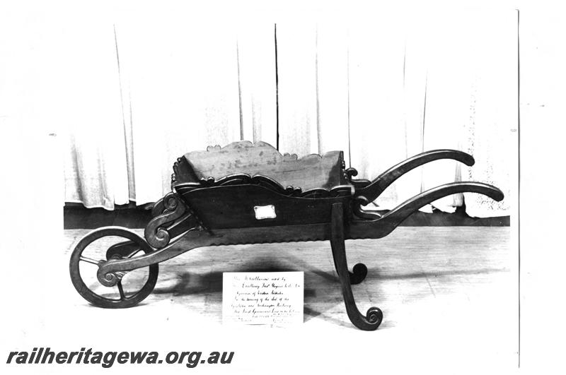 P07799
Ceremonial wheelbarrow used by Governor Weld to turn the first sod on the Geraldton to Northampton Railway, GA line on 22nd October, 1874
