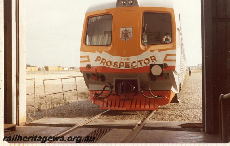 P07881
I of 4 photos of the Royal Train taking Prince Charles from Perth to Northam, Prospector railcar with royal crest on front, front view of car, (Ref: 