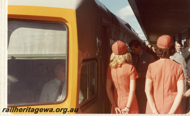 P07882
2 of 4 photos of the Royal Train taking Prince Charles from Perth to Northam, Prospector railcar with two hostesses with Prince Charles. front view of car, (Ref: 