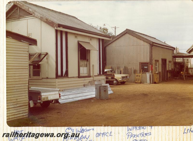 P07894
6 of 13 views of the Car & wagon depot, Perth Yard, shows from left to right, Hot Water Room, C&W Foreman's Office, Wagon & Painters Shed and part of Linen Room.
