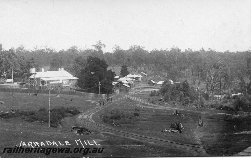 P07970
Mill, Jarrahdale, overall view, shows railway tracks in foreground, postcard, Same as P4535 but better quality.
