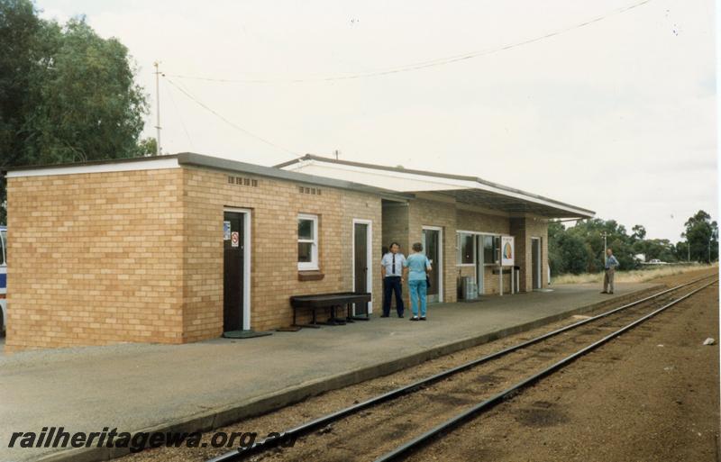 P08441
Perenjori, station building, platform, rail side view, EM line.
