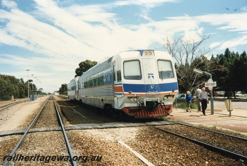 P08457
Merredin, platform, standard gauge, Prospector in platform, view from rail side, WAGR station nameboard, EGR line.
