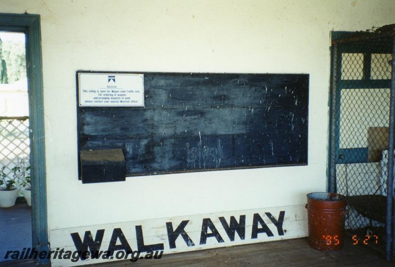 P08614
Walkaway, station building interior, nameboard, notice board, W line.
