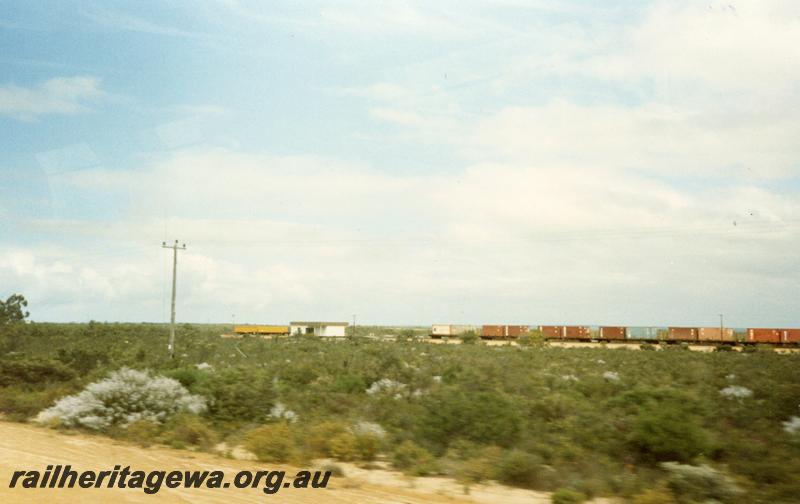 P08617
Eneabba, station building, train in siding, distant view from road, Dongara - Eneabba Line.
