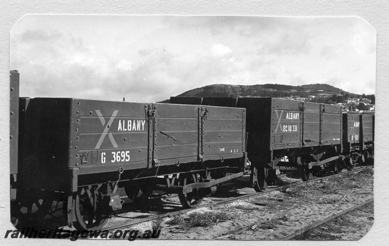 P08864
G class 3695 wagon, GC class 10331 wagon, Albany, end and side views. Both wagons with the blue cross painted on the sides
