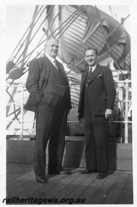 P08884
Mr T. Marsland, Chief Mechanical engineer (CME) of the WAGR, 6/1949 - 6/1958, photo taken on board a ship, on his right is Mr D.G. Howse, CTM of the NSWGR
