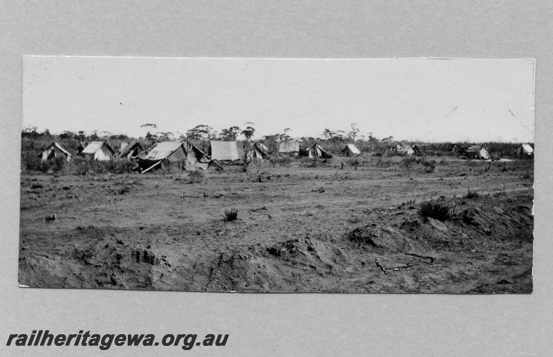 P08890
6 of 29 views of the construction of the Wyalkatchem-Lake Brown-Southern Cross railway, WLB line. Workers camp consisting of tents at 