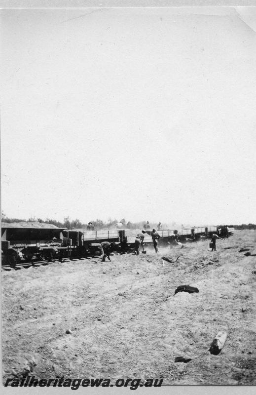 P08892
8 of 29 views of the construction of the Wyalkatchem-Lake Brown-Southern Cross railway, WLB line. L class ballast hopper, H class wagons on ballast train, ballasting of track taking place.
