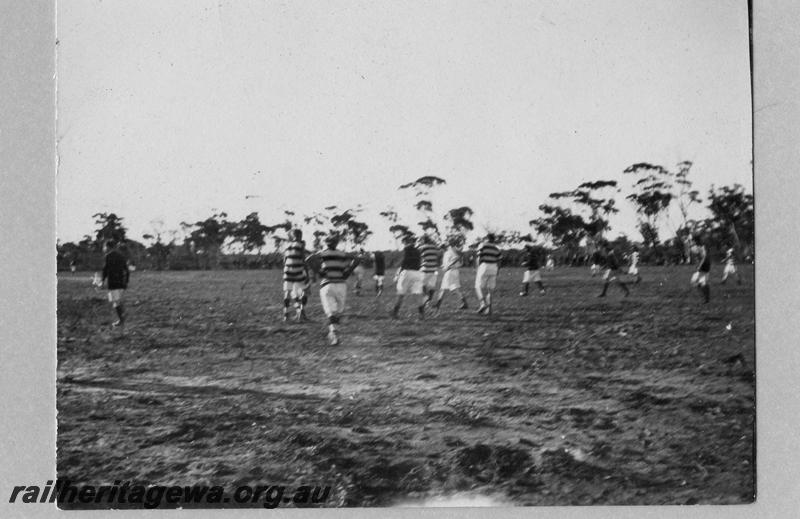 P08907
23 of 29 views of the construction of the Wyalkatchem-Lake Brown-Southern Cross railway, WLB line. Football players in game played between Railways and Bencubbin, won by Railways 
