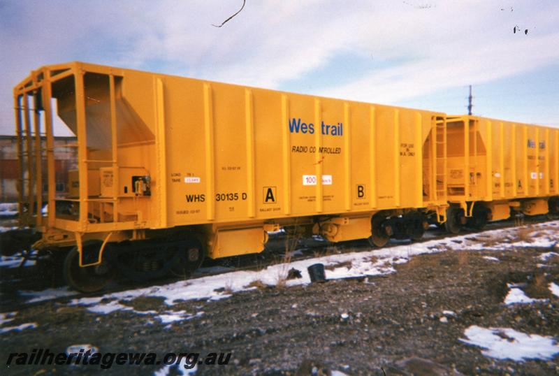 P08938
Ex ATSF WHS class 30135-D ballast hopper, end and side view, newly painted, photo taken in the USA
