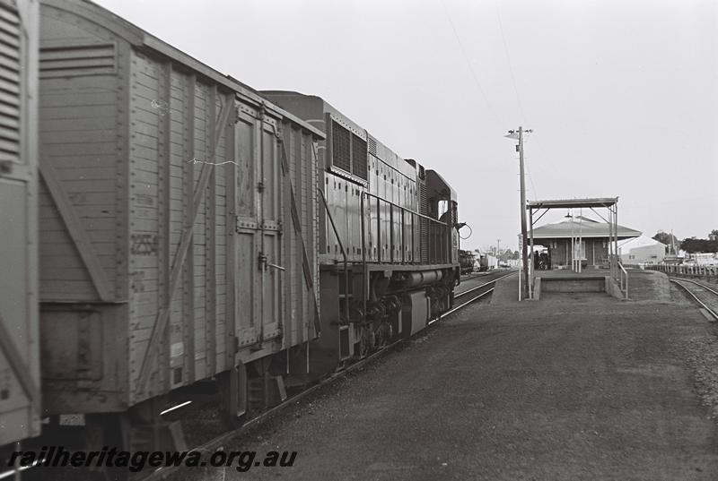 P08986
DA class 1574, end view of station, Katanning, GSR line, crew member in readiness to change the staff, heading south on a goods train
