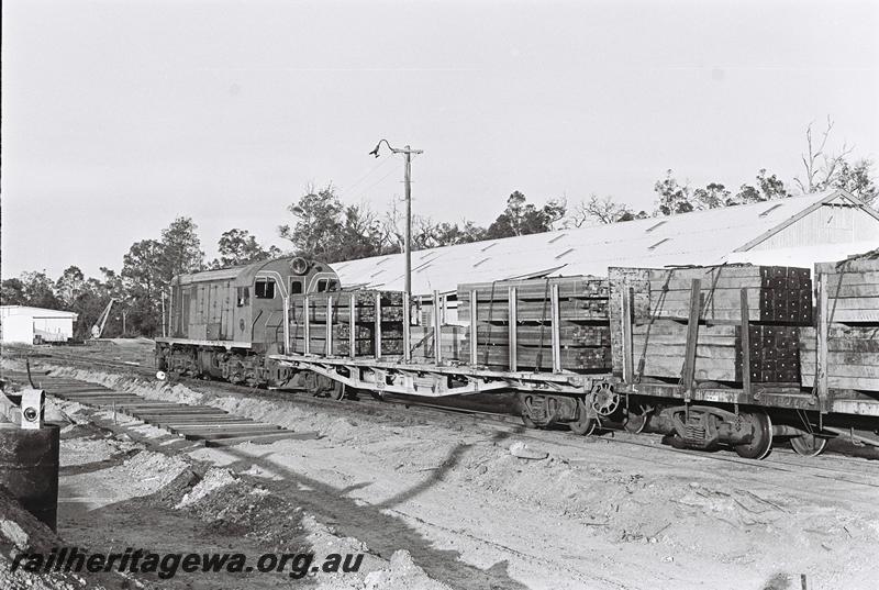 P09024
F class 42, QUA class 25197, Manjimup, PP line, hauling a train of wagons loaded with timber.

