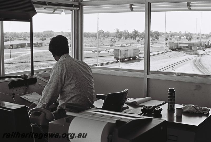 P09027
Hump yard, Forrestfield Yard, shows wagons going over the hump, taken from inside the control tower
