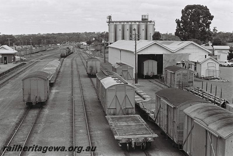 P09071
Wagons in yard, goods shed, Narrogin, GSR line, elevated view of yard taken from the footbridge looking south
