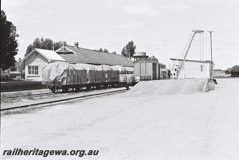 P09118
Wagons in yard, signal box, station building, loading platform, yard crane, goods shed, Brookton, GSR line, general view of the yard taken from the western side looking south. 
