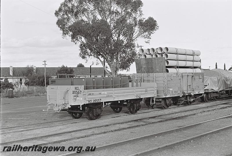P09175
HCL class 20557, GE class 13045 with load of pipes protruding well above the sides of the wagon, end and side view.
