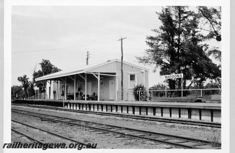 P09401
Waroona, station building, platform, nameboard, view from rail side. SWR line.
