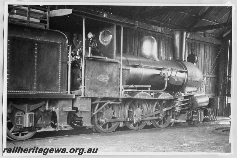 P09465
Nannup, Karri Ltd, Beyer Peacock 2-6-0 inside shed. Goggs No. 321.c1940s

