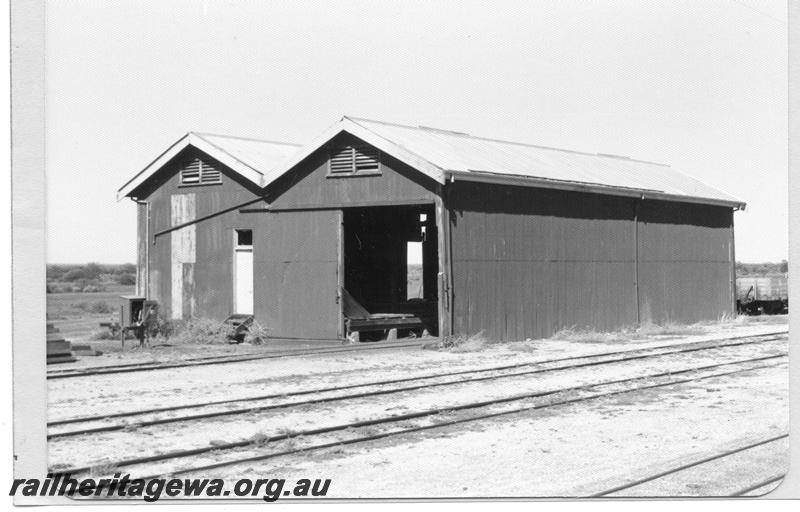 P09523
Goods shed, fire hose box, end and trackside view, Yalgoo, NR line.
