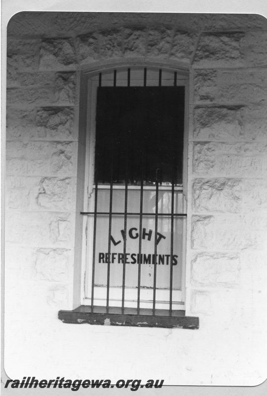 P09530
Window of refreshment rooms at station, Mount Magnet, NR line.
