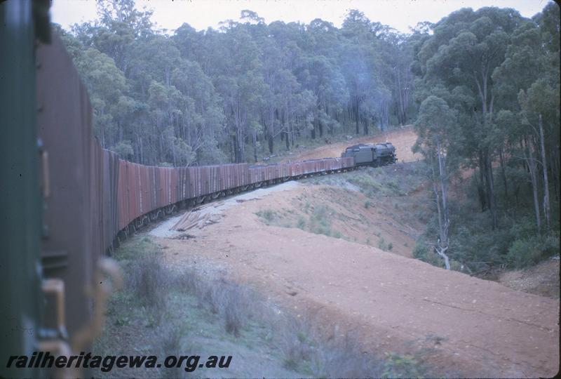 P09657
V class 1215, goods train, between Moorhead and Fernbrook. Coach attached special Collie to Bunbury. BN line.
