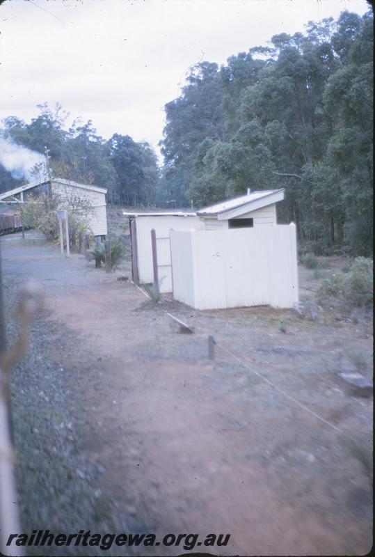 P09658
Station building, platform, toilet block, signal wires. Fernbrook, BN line. View from coach attached special Collie to Bunbury
