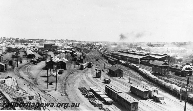 P10170
Perth Goods Yard, elevated view looking west, view shows ASA class 445 steam railcar in the Carriage Sheds.
