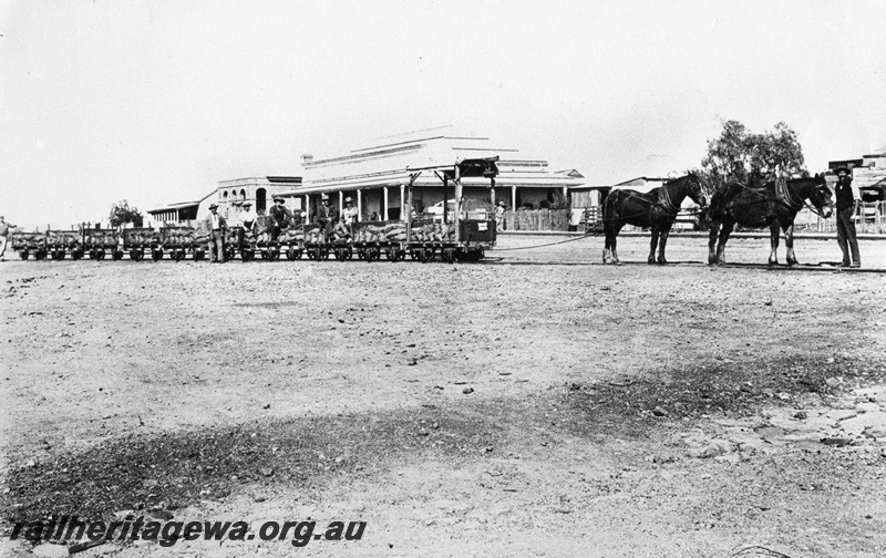 P10437
Horse tram with load of copper ore from Whim Well, heading for Cossack from Roebourne.
