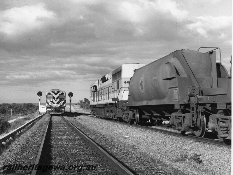 P10451
Prospector railcar set crossing a freight train hauled by a L class standard gauge diesel locomotive. Note the diagonal black stripes on the front of the Railcar and the searchlight signals.
