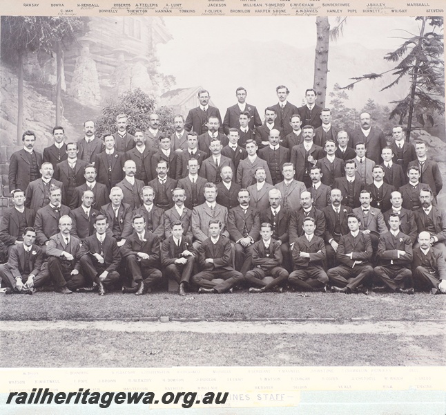P10500
Group photo of the Existing Lines Staff, names L - R, front row, Westhoven, Seddon, McCracken, Masterson, Hatfield, Winslade, Webster, Seldon, Veale, Riva, Jenkins, Second row: Watson, F. Whitwell, E. Pope, J. Brown, R. Bleazby, H. Dowson, J. Pidgeon, E. E. Light, T. Watson, T. Duncan, S. Ogden, A. Chessell, W. Waygh, S. Gregg. Third row: W. Digby, G. Bernberg, S. Isaason, L. Helffenstein, H. Cresswell, M. O'Reilly, H. Sergeant, F. Maxwell, Johnstone, F. Crormmellin, P. Bindley, Bell. Fourth row: C. May, Donnelly, T. Newton, Hannah, Tomkins, F. Oliver, Bromilow, Harper, S. Bone, A. N. Davies, Hanley, Pope, Burnett, Wright, Stevenens. fifth row: Ramsay, Bowra, H. Rendall, Roberts, A. Tzelepis, A. Lunt, Jackson, Milligan, T. Omerod, C. Wickham, Sundercombe, sixth row: Gibbons, Haynes, Hall, Mose. (Scanned print located in G13B)
